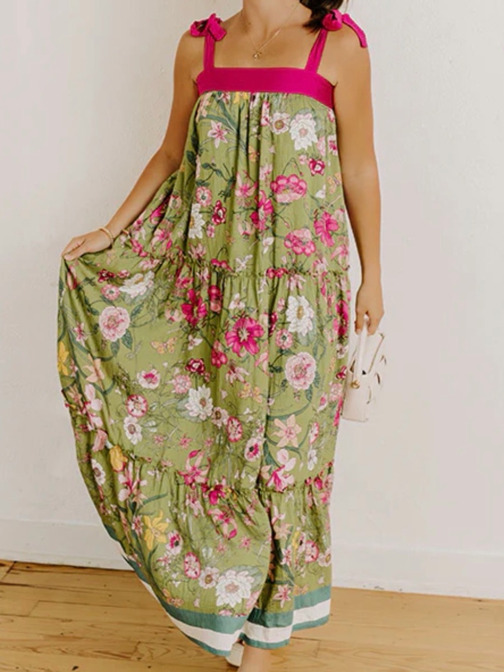 Impressions Olive Green Floral Maxi Dress with Fuchsia Accents